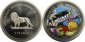 Weltmünzen und Medaillen, Kongo / Congo. Schutz der Meeresfauna. 5 Francs 2000. Kupfer-Nickel. KM 160. Polierte Platte mit Farbmotiv