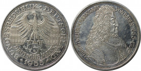 Deutsche Münzen und Medaillen ab 1945, BUNDESREPUBLIK DEUTSCHLAND. 5 Mark 1955 G, zum 300. Geburtstag Ludwig Wilhelm Markgraf von Baden. Silber. Jaege...