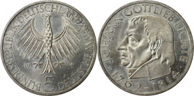 Deutsche Münzen und Medaillen ab 1945, BUNDESREPUBLIK DEUTSCHLAND. 5 Mark 1964 J, zum 150. Todestag Fichtes. Silber. Jaeger 393. Stempelglanz