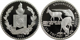 Weltmünzen und Medaillen, Mongolei / Mongolia. Gefährdete Weltwildleben-Reihe - Saiga Antilope. 250 Tögrög 1993. 31,47 g. 0.925 Silber. 0.94 OZ. KM 11...