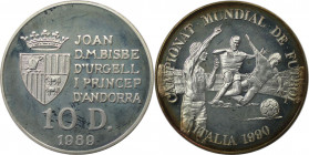 Europäische Münzen und Medaillen, Andorra. Fussball WM 1990 in Italien. 10 Diners 1989. 12,0 g. 0.925 Silber. 0.36 OZ. KM 53. Stempelglanz