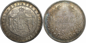 Europäische Münzen und Medaillen, Bulgarien / Bulgaria. Alexander I. (1879-1886). 5 Lewa 1885. Silber. KM 7. Sehr schön-vorzüglich. Feine Patina