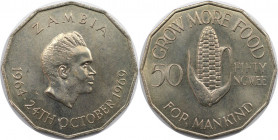 Weltmünzen und Medaillen, Sambia / Zambia. Serie: F.A.O. 50 Ngwee 1969. Kupfer-Nickel. KM 14. Stempelglanz