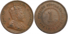 Weltmünzen und Medaillen, Straits Settlements. Edward VII. 1 Cent 1908. Bronze. KM 19. Sehr schön
