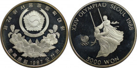 Weltmünzen und Medaillen, Südkorea / Korea South. XXIV. Olympische Sommerspiele, Seoul 1988 - Schaukeln. 5000 Won 1987. 16,81 g. 0.925 Silber. 0.5 OZ....