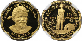 Weltmünzen und Medaillen, Swaziland. 75. Jahrestag - Geburt von König Sobhuza II. 10 Emalangeni 1974. 11,12 g. 0.900 Gold. 0.32 OZ. KM 17. NGC PF 67 U...