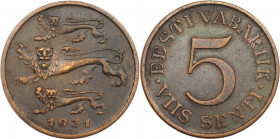 Europäische Münzen und Medaillen, Estland / Estonia. 5 Centi 1931, Bronze. KM 11. Vorzüglich