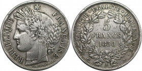 Europäische Münzen und Medaillen, Frankreich / France. 5 Francs 1850 A. KM 761.1. Sehr schön