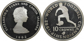 Weltmünzen und Medaillen, Turks und Caicos Inseln / Turks and Caicos Islands. "1982 Weltmeisterschaft". 10 Crowns 1982. 23,28 g. 0.925 Silber. 0.69 OZ...