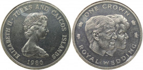 Weltmünzen und Medaillen, Turks und Caicos Inseln / Turks and Caicos Islands. Königliche Hochzeit. 1 Crown 1986, Kupfer-Nickel. KM 60. Vorzüglich-stem...