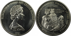 Weltmünzen und Medaillen, Turks und Caicos Inseln / Turks and Caicos Islands. 500 Jahre Entdeckung Amerikas durch Kolumbus. 5 Crowns 1991. Kupfer-Nick...