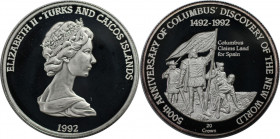 Weltmünzen und Medaillen, Turks und Caicos Inseln / Turks and Caicos Islands. Columbus. 20 Crowns 1992. 28,04 g. 0.925 Silber. 0.83 OZ. KM 130.3. Poli...