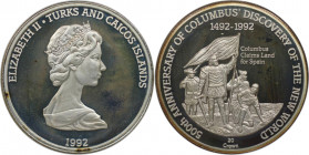 Weltmünzen und Medaillen, Turks und Caicos Inseln / Turks and Caicos Islands. Columbus. 20 Crowns 1992. 28,04 g. 0.925 Silber. 0.83 OZ. KM 130.3. Poli...