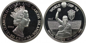 Weltmünzen und Medaillen, Turks und Caicos Inseln / Turks and Caicos Islands. Fußball-WM 1994 - Pele. 20 Crowns 1993. 31,10 g. 0.999 Silber. 1 OZ. KM ...