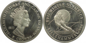 Weltmünzen und Medaillen, Turks und Caicos Inseln / Turks and Caicos Islands. "1994 Lillehammer Winter Olympics - Skiabfahrt". 5 Crowns 1993. Kupfer-N...