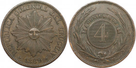 Weltmünzen und Medaillen, Uruguay. 4 Centesimos 1869 H. Bronze. KM 13. Vorzüglich