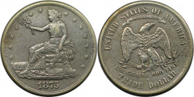 Weltmünzen und Medaillen, Vereinigte Staaten / USA / United States. "Trade Dollar" 1 Dollar 1875 S, San Francisco. Silber. KM 108. Fast Vorzüglich
