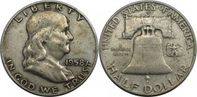 Weltmünzen und Medaillen, Vereinigte Staaten / USA / United States. Franklin Half Dollar 1958 D. Silber. KM 199. Sehr schön-vorzüglich. Patina