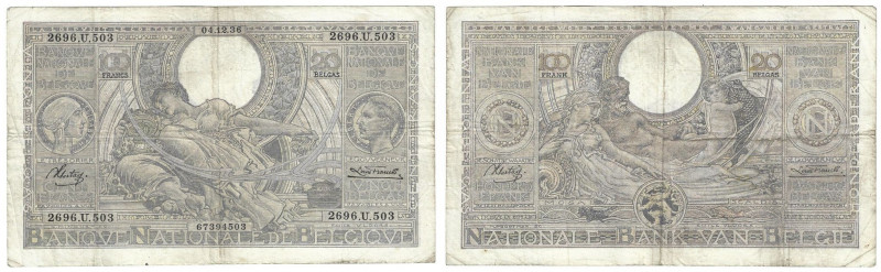 Banknoten, Belgien / Belgium. 100 Francs / 20 Belgas 04.12.1936. Pick 107. III