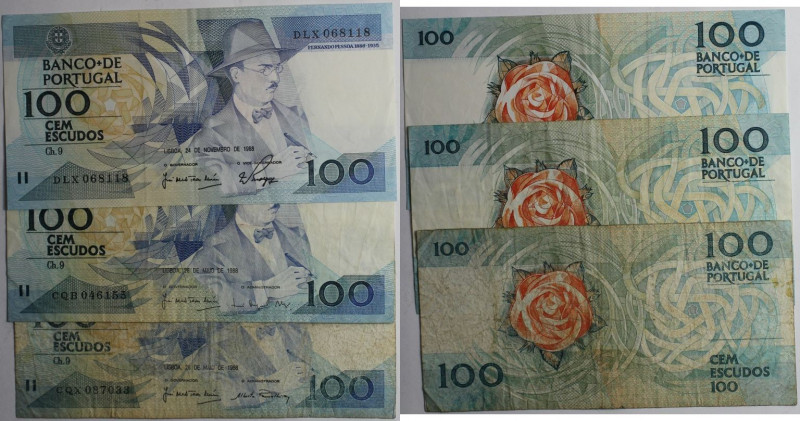 Banknoten, Portugal, Lots und Sammlungen. F. Pessona / Rose. 3 x 100 Escudos 198...