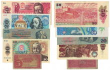 Banknoten, Tschechoslowakei / Czechoslovakia, Lots und Sammlungen. 5 Korun 1945 P.59 (III), 20 Korun 1970 P.94 (I), 20 Korun 1987 P.92 (II), 20 Korun ...
