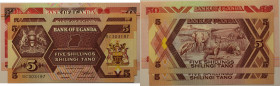 Banknoten, Uganda, Lots und Sammlungen. 2 x 5 Shillings 1987 Pick 27, 50 Shillings 1994 Pick 30c. Lot von 3 Banknoten 1987-1994. I