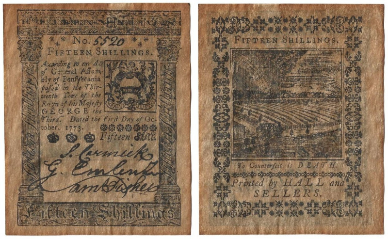 Banknoten, USA / Vereinigte Staaten von Amerika. Pennsylvania. 15 Shillings 1773...