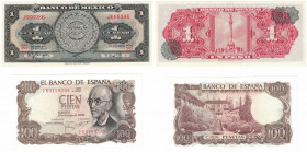 Banknoten, Lots und Sammlungen Banknoten. Spanien / Spain. 100 Pesetas 17.11.70 (P.152), Mexiko / Mexico. 1 Peso 22.7.1970 (P.591), Lot von 2 Banknote...