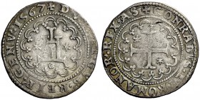 Serie della II fase: 1541-1637. Quarto di scudo 1567, AR 8,57 g. + DVX ET GVB’ REIP’ GENV’ 1567 Castello entro cornice di archetti; ai lati, due stell...