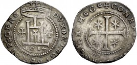 Serie della II fase: 1541-1637. Quarto di scudo 1614, AR 9,46 g. + DVX ET GVB’ REIP’ GEN’ Castello coronato; ai lati, due crocette e, sotto, 1614. Rv....