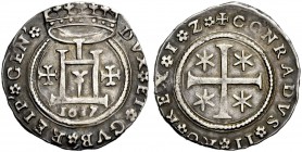 Serie della II fase: 1541-1637. Quarto di scudo 1617, AR 9,51 g. + DVX ET GVB’ REIP’ GEN’ Castello coronato; ai lati, due crocette e, sotto, 1617. Rv....