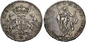 Serie della III fase: 1637-1797. Da 8 lire 1792, AR 33,26 g. DUX ET GUB – REIP GEN Stemma coronato sorretto da due grifoni, legato in basso da rami di...