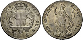 Serie della III fase: 1637-1797. Da 8 lire 1796 (1814), AR 33,12 g. DUX ET GUB – REIP GENU Stemma coronato sorretto da due grifoni; sotto, L – 8. Rv. ...