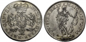 Serie della III fase: 1637-1797. Da 4 lire 1672, AR 21,15 g. DVX ET GVBER REIPV GENVEN Stemma coronato sorretto da due grifoni; sotto, rami di palma e...