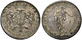Serie della III fase: 1637-1797. Da 4 lire 1709, AR 20,72 g. DVX ET GVBER REIPV GENVEN Stemma coronato sorretto da due grifoni; sotto, rami di palma e...