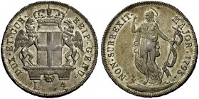 Serie della III fase: 1637-1797. Da 4 lire 1795, AR 16,66 g. DUX ET GUB – REIP GENU Stemma coronato sorretto da due grifoni; sotto, L – 4. Rv. NON SUR...