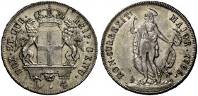 Serie della III fase: 1637-1797. Da 4 lire 1796 (1814), AR 16,73 g. DUX ET GUB – REIP GENU Stemma coronato sorretto da due grifoni; sotto, L – 4. Rv. ...