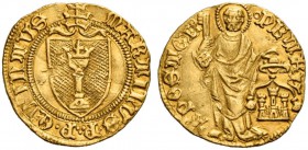 Martino V (Oddone Colonna), 1417-1431. Bologna. Ducato papale (1420), AV 3,48 g. MARTINVS PP QVINTVS Stemma sormontato da triregno. Rv. PETRV – APOSTO...