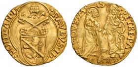 Paolo II (Pietro Barbo), 1464-1471. Ducato papale anno I, AV 3,46 g. PAVLVS II – PONT AN I Stemma sormontato da triregno e chiavi decussate, entro cor...
