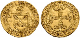 Giulio II (Giuliano della Rovere), 1503-1513. Avignone. Scudo del sole, AV 3,43 g. Sole IVLIVS – PAPA SECVNDVS T Stemma sormontato da triregno, a d., ...