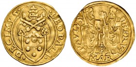 Leone X (Giovanni de’Medici), 1513-1521. Ancona. Ducato papale, AV 3,35 g. LEO PAPA – DECIMVS Stemma sormontato da triregno e chiavi decussate, entro ...