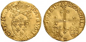 Paolo III (Alessandro Farnese), 1534-1549. Bologna. Scudo del sole (1536-1540), AV 3,29 g. PAVLVS III – PONT MAX Stemma sormontato da triregno e chiav...