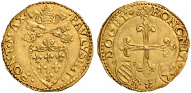 Paolo III (Alessandro Farnese), 1534-1549. Bologna. Scudo del sole (1542-1544), AV 3,36 g. PAVLVS III – PONT MAX Stemma sormontato da triregno e chiav...