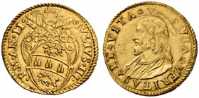 Giulio III (Giovanni Maria Ciocchi del Monte), 1550-1555. Scudo anno II, AV 3,40 g. . IVLIVS III – P M A II Stemma sormontato da triregno e chiavi dec...