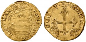 Paolo IV (Giampietro Carafa), 1555-1559. Bologna. Scudo del sole, AV 3,21 g. PAVLVS IIII – PONT MAX Stemma sormontato da triregno e chiavi decussate c...