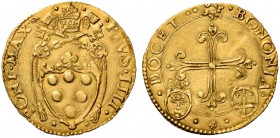 Pio IV (Giovannangelo de’Medici), 1559-1565. Bologna. Scudo del sole, AV 3,15 g. PIVS IIII – PONT MAX Stemma sormontato da triregno e chiavi decussate...
