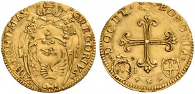 Gregorio XIII (Ugo Boncompagni), 1572-1585. Bologna. Scudo del sole (1578-1579), AV 3,31 g. GREGORIVS – XIII PONT MAX Stemma sormontato da triregno e ...