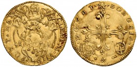Clemente VIII (Ippolito Aldobrandini), 1592-1605. Bologna. Doppia (1592-1596), AV 6,64 g. CLEMENS VIII – PONT MAX Stemma sormontato da triregno e chia...