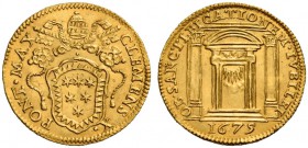 Clemente X (Emilio Altieri), 1670-1676. Scudo del Giubileo 1675, AV 3,36 g. CLEMENS X – PONT MAX Stemma sormontato da triregno e chiavi decussate. Rv....