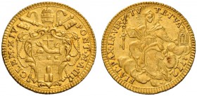 Clemente XIV (Gian Vincenzo Antonio Ganganelli), 1769-1774. Zecchino anno III/1772, AV 3,41 g. CLEM XIV – PONT M A II Stemma sormontato da triregno e ...